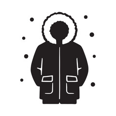 A black and white illustration of a parka coat with a fur-lined hood, depicting winter apparel and cold weather gear for outdoor activities