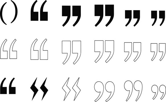 Quotation mark icon set featuring diverse black silhouette and outline typographic styles for speech bubbles and editorial design