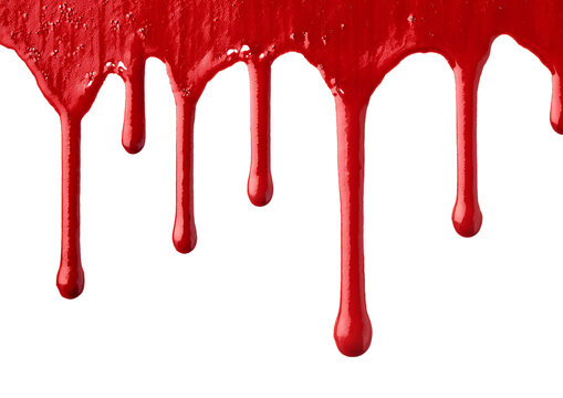 Red paint drips down against a white background, creating a striking contrast.
