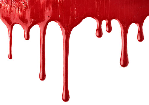 Red paint drips down against a white background, creating a striking contrast.