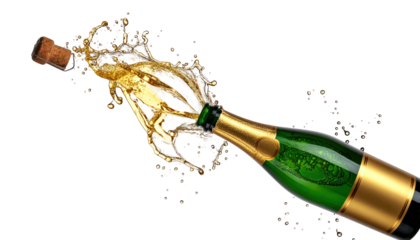 Champagne bottle erupting, cork flying, golden bubbly liquid sprays outward, black bg