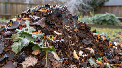 Steaming Garden Compost Heap with Organic Food Waste and Frost in Winter Backyard

