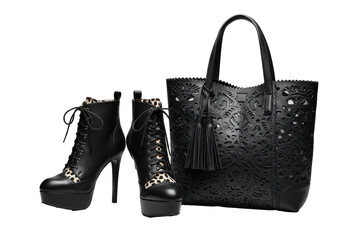 Stylish black leather lace-up high-heeled ankle boots and a matching structured tote bag with laser-cut design on a transparent background, high-end fashion sophistication