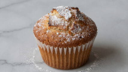 Fresh Homemade Vanilla Muffin with Powdered Sugar on Marble Background
