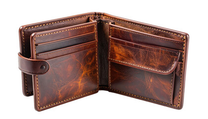 Open brown leather wallet with multiple card slots and a snap closure