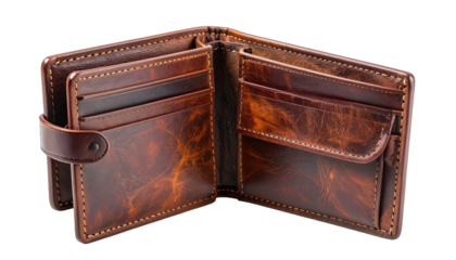 Open brown leather wallet with multiple card slots and a snap closure