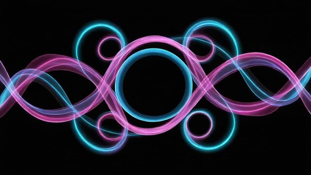 Vibrant pink and blue neon lights intertwine in a dynamic swirling pattern against a dark background