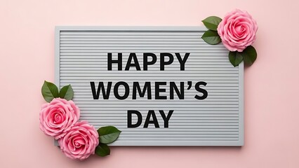 Happy women's day celebration with pink roses and signboard