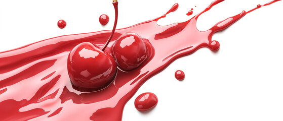 A vibrant splash of cherry milk surrounds fresh cherries, creating a dynamic and photorealistic scene with sharp details and artistic lighting