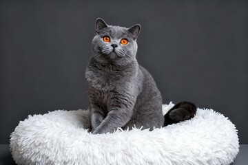 Generative AI Portrait of a Plush Gray Cat with Bright Orange Eyes on Soft White Cushion