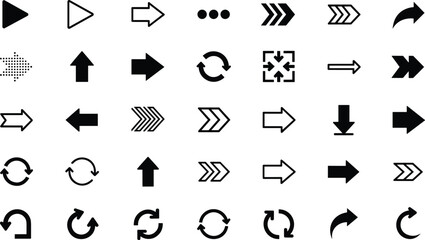 Large set of black directional arrow icons including play buttons navigation pointers refresh symbols and next previous signs for web mobile app and user interface design.
