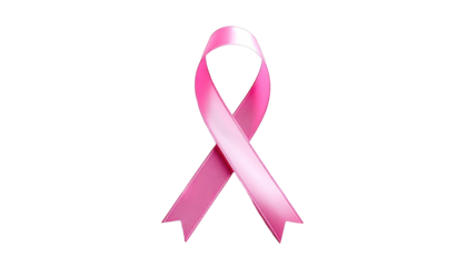 A single, pink awareness ribbon against a black background, glowing