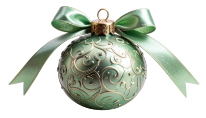 A light green Christmas ornament with a detailed swirled design and ribbon bow