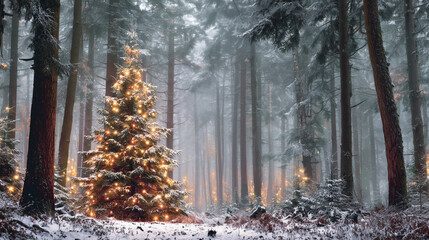 Cozy Christmas Tree in Forest Winter Holiday Mood