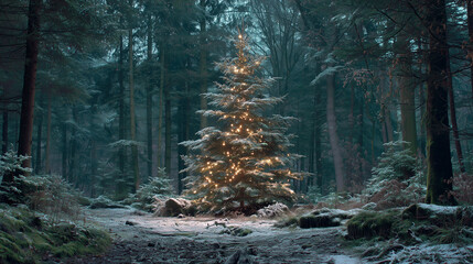 Cozy Christmas Tree in Forest Winter Holiday Mood