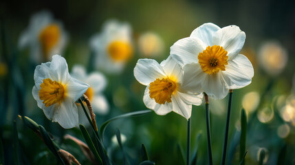 White and Yellow Daffodils Blooming in Spring Sunlight	
