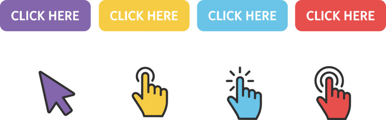 Obraz premium Set of colorful click here web buttons with hand cursors and mouse pointer icons isolated on white background for user interface and website call to action design.