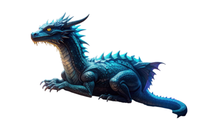 A regal, turquoise dragon with glowing eyes, resting against a black backdrop