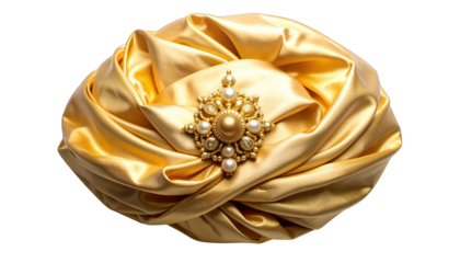 Luxurious gold turban, adorned with a pearl and gemstone brooch, against black