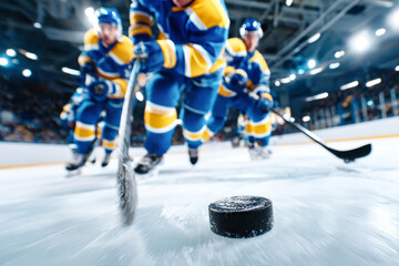 Obraz premium Players in bright uniforms move swiftly on the rink, one aiming a puck at the camera as the crowd blurs in the background during an exciting hockey game