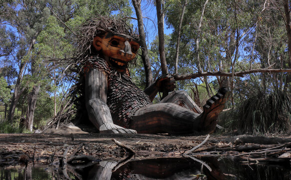 Mandurah, Western Australia, Australia - December 31 2025: Thomas Dambo's Giants of Mandurah. Outdoor art exhibition. Free of charge, not cost, to promote tourism. Dog-friendly family adventure