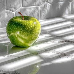 Green apple on a marble counter with striped shadows