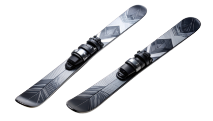 Two skis with bindings angled towards the viewer, featuring a graphic design