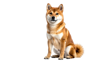 A Shiba Inu sits, facing forward with attentive gaze, on a transparent background