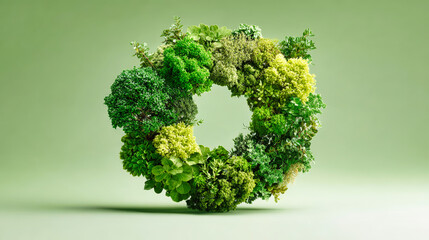 A circular symbol made of various green plants highlights the concept of regenerative nature and the circular economy against a light green background