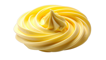 Swirled yellow soft-serve dessert against black. Delicate texture, smooth surface