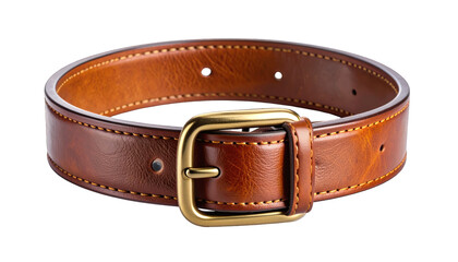 A finely crafted, brown leather belt with a gold buckle, isolated on a black backdrop