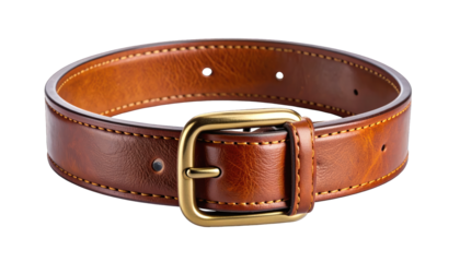 A finely crafted, brown leather belt with a gold buckle, isolated on a black backdrop