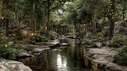 Creek flows through enchanting, bright, moonlit forest