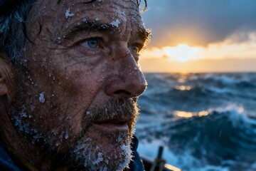 Generative AI Portrait of an Adventurous Man Facing Challenging Ocean Conditions at Sunset