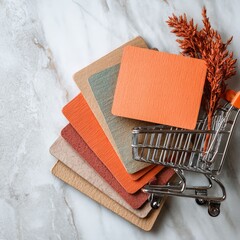 Samples in cart with dried floral on marble background