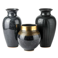 Three decorative ceramic vases with black and gold details, various shapes and textures
