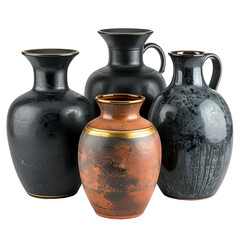 Four ceramic vases of varying shapes, colors, textures, and finishes displayed together