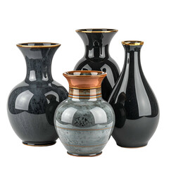 Four elegant ceramic vases with glossy finishes and metallic accents