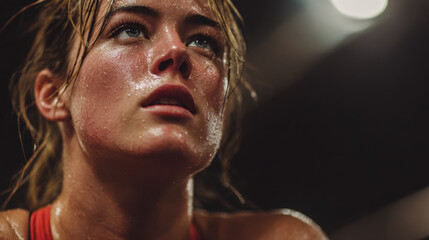 Exhausted athletic woman catching her breath after intense gym training, sweat and strength visible, fitness challenge and motivation theme