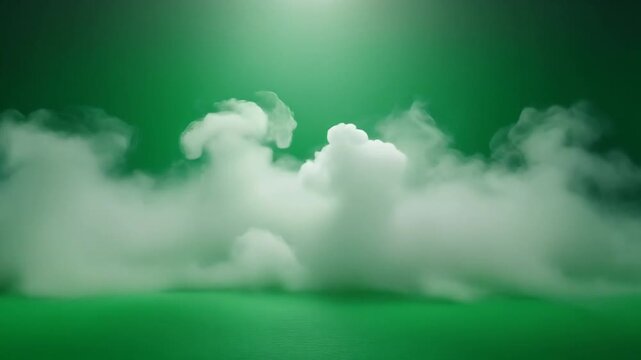 Green background with white smoke and a light source shining through, creating a dramatic atmosphere with a sense of depth and texture.