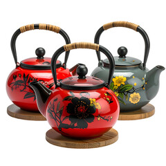 Three decorative teapots with bamboo handles, placed on wooden trivets, with floral designs