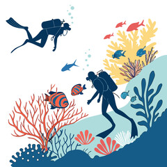 Scuba divers exploring colorful coral reef © Mamun