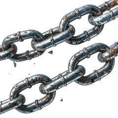 Two sections of weathered metal chain links, close-up, against a transparent black background