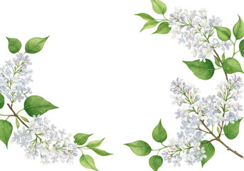 White lilac flower clusters with fresh green leaves forming an elegant border on a transparent background with copy space, serene springtime beauty concept