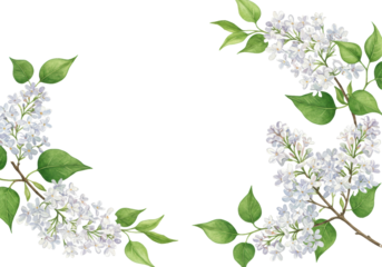 White lilac flower clusters with fresh green leaves forming an elegant border on a transparent background with copy space, serene springtime beauty concept
