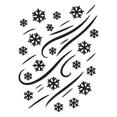 Graphic illustration depicting a whimsical flurry of diverse black snowflakes caught in the brisk winter wind, symbolizing the beauty and movement of a snowy season