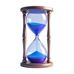 A 3D rendered, ornate hourglass with blue sand flowing within clear glass