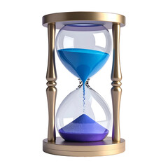A detailed, stylized hourglass with a gold frame, blue sand flowing against a black background