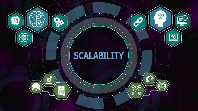 Scalability technology concept with digital interface and connected icons representing growth, performance and system expansion.