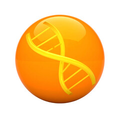 A shiny orange sphere with a stylized, golden DNA double helix emblem